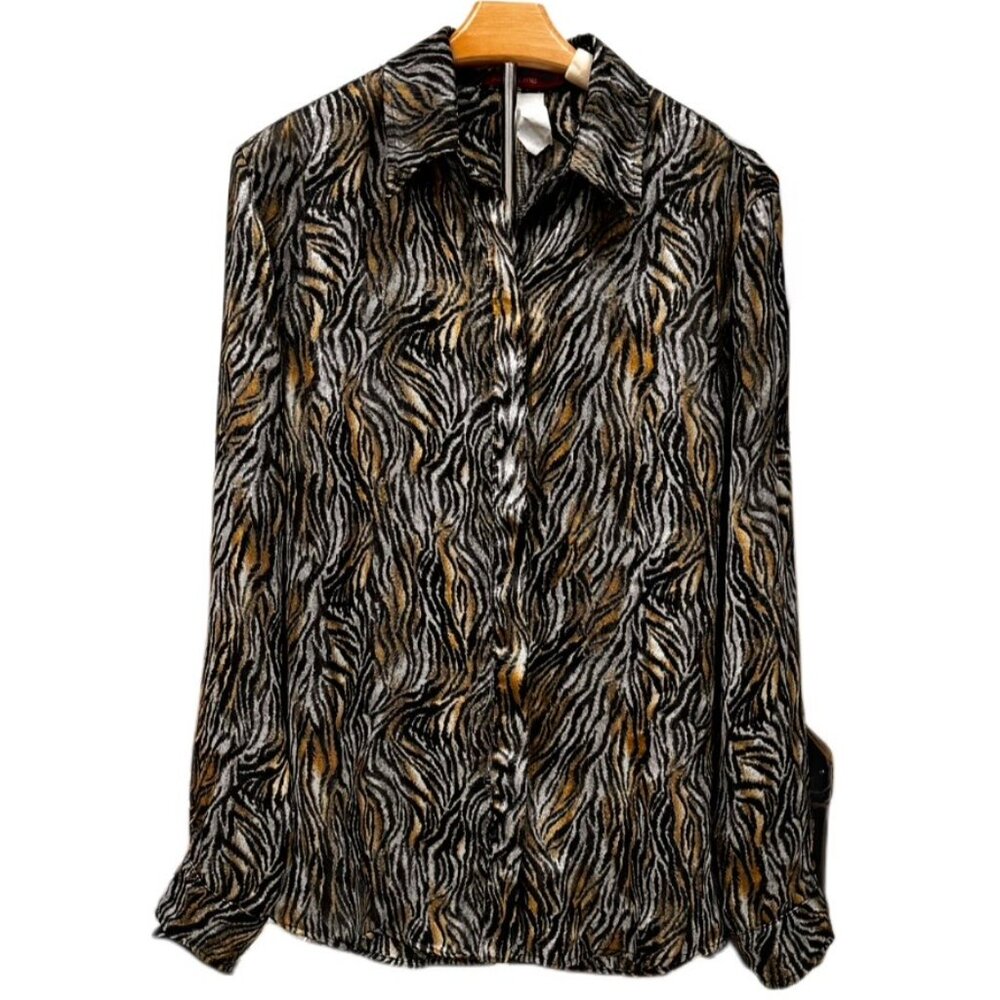 Talita Kume Animal Print Top Semi Sheer Blouse Flowy Long Sleeve Buttons Large